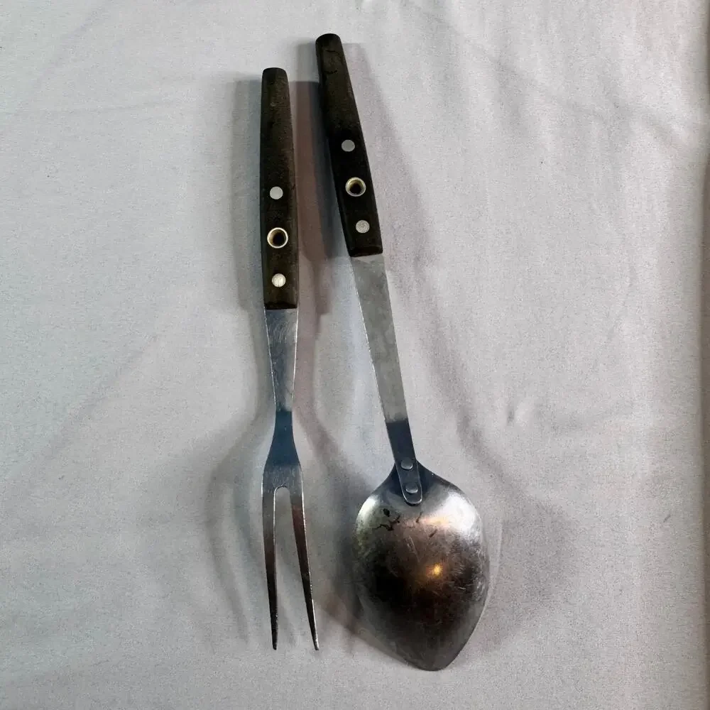 Vintage Flint Japan Stainless Steel Serving Spoon Fork Set Wood Handle MCM